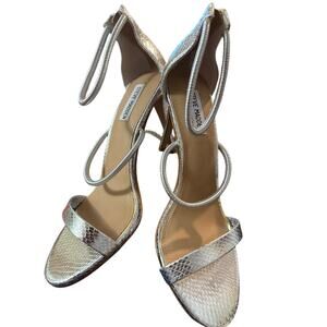 Steve Madden Silver Metallic Snakeskin Strappy Stiletto Heels Ankle Wrap Sandals